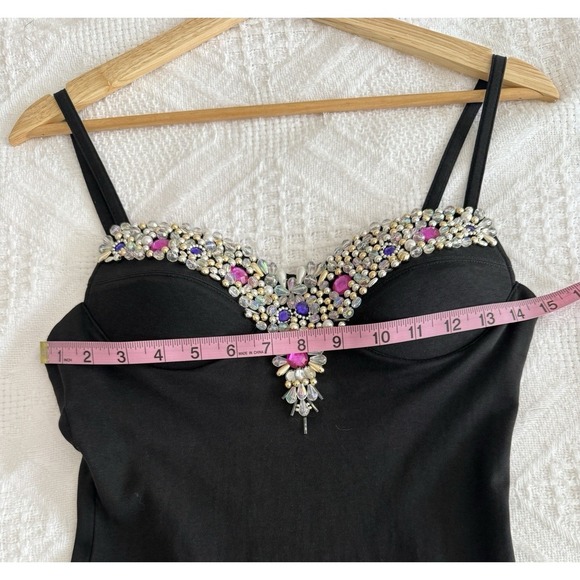Vintage 90s Contempo Strappy Bodycon Mini Dress S Black Bejeweled Party Clubwear - Picture 16 of 16